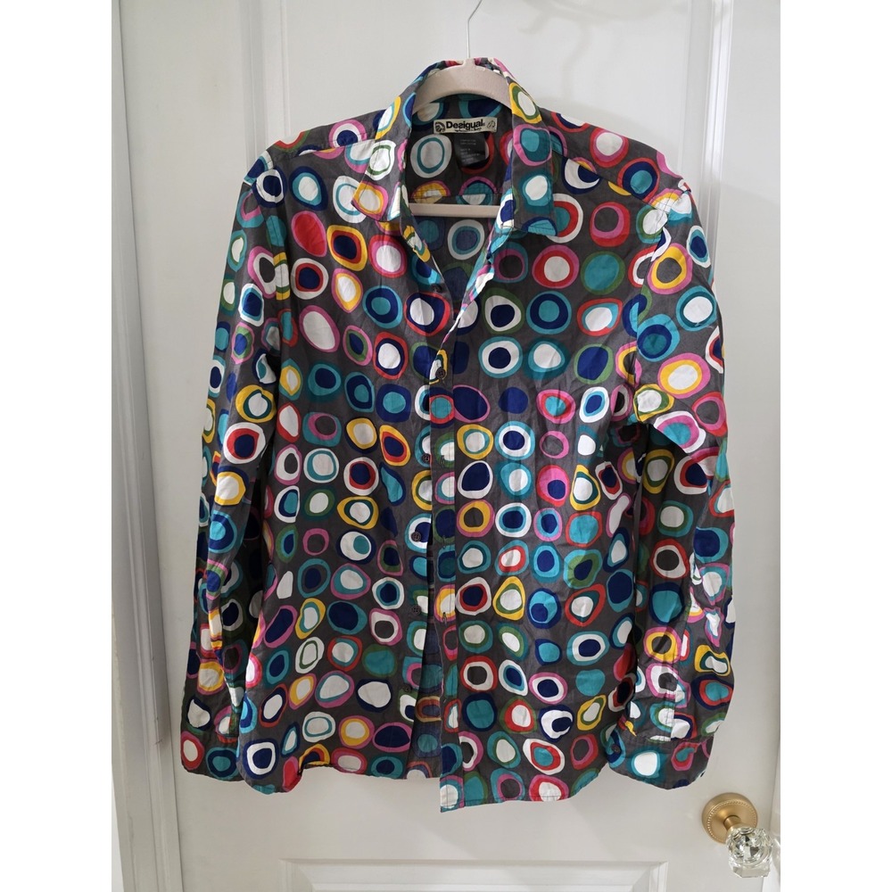 Desigual Men's Large Multicolor Geometric Circle Print Long Sleeve Button Down